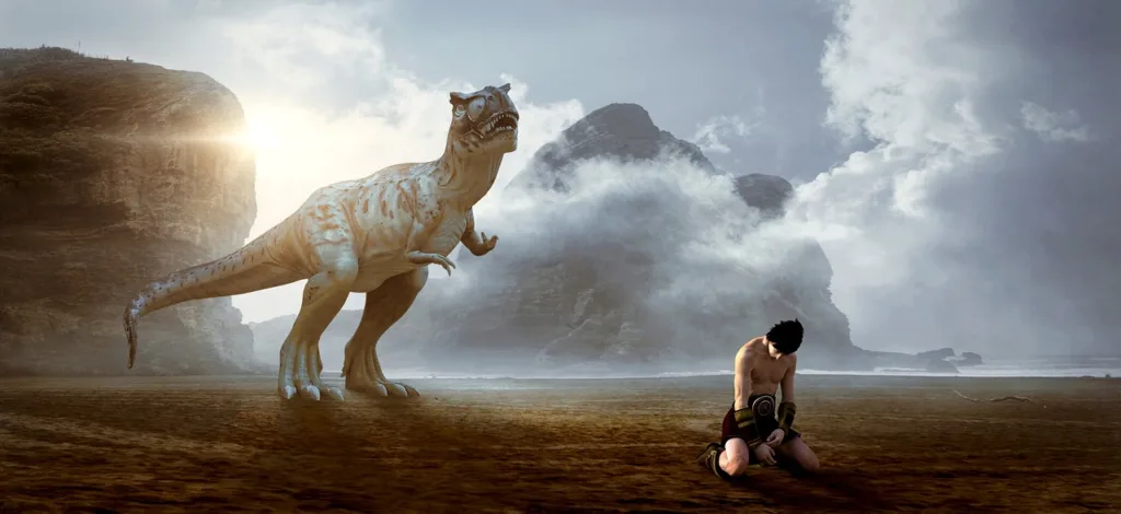 fantasy, dinosaur, man