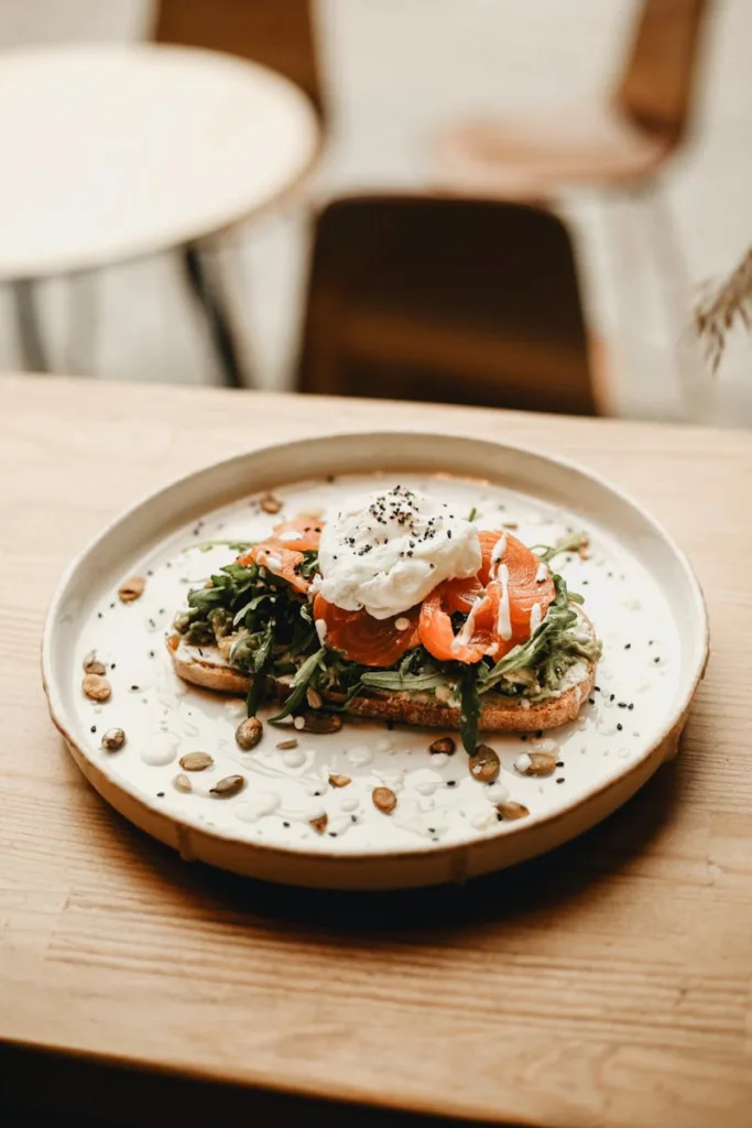 Avocado Toast with Fresh Salmon Topped with Cream Cheese with Nuts