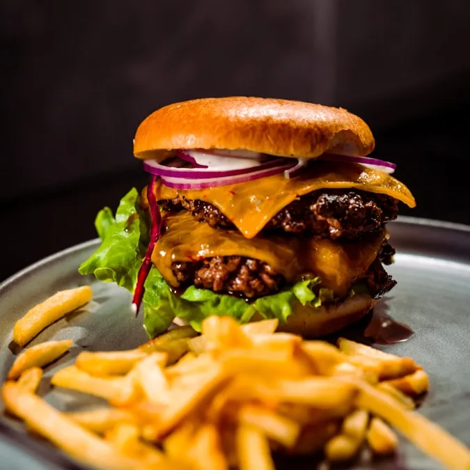 burger and fries on white ceramic plate